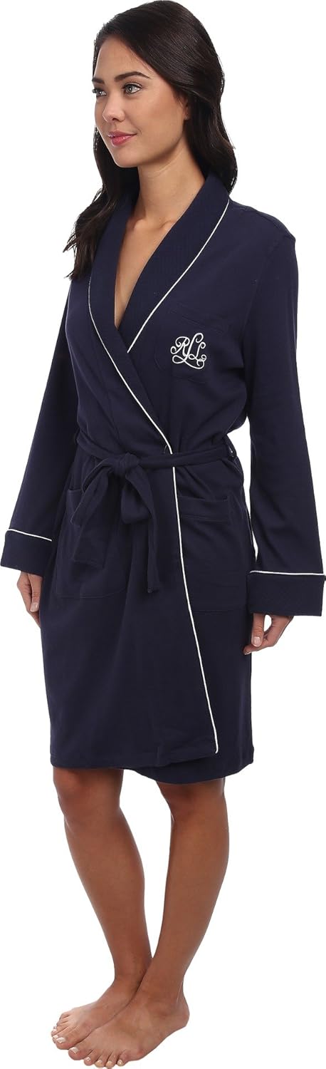 Lauren Ralph Lauren Hartford Lounge Short Shawl Collar Robe - Robe for Women - Long Sleeves - Quilted Cuffs Windsor Navy MD (US 8-10) One Size