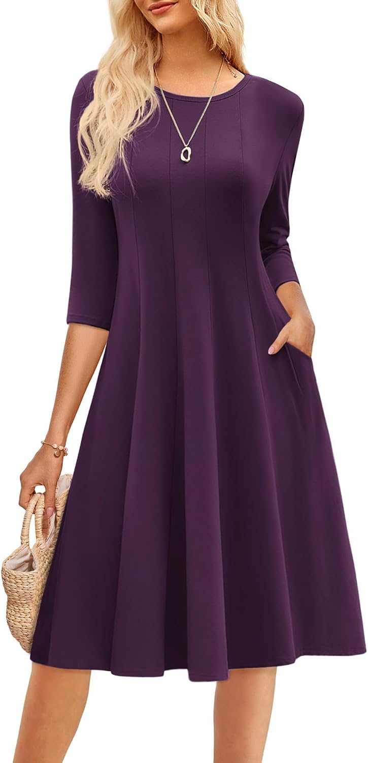 GRACE KARIN Fall Dresses for Women 2025 Casual 3/4 Sleeve Dress A Line Fit and Flare Midi Dress with Pockets