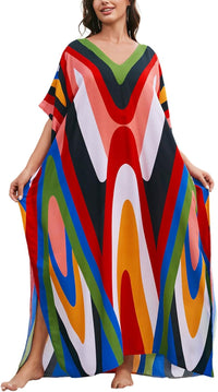 Women's Plus Size Loose Fit Moroccan Print V-Neck Batwing Kaftan Beach Dress Bathing Suit Cover Up