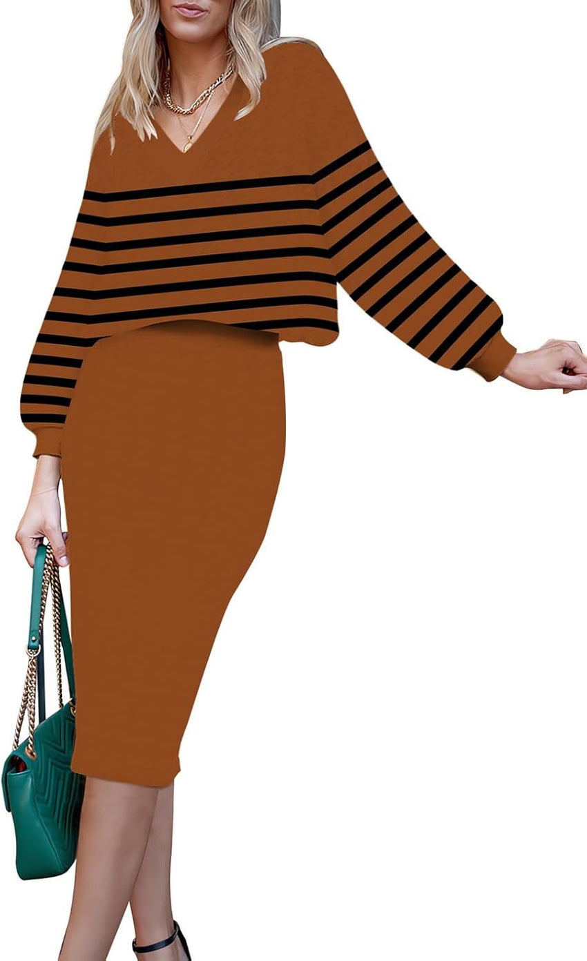 Pink Queen Women's 2 Piece Outfits Set Knit V Neck Batwing Long Sleeve Loose Top Bodycon Midi Skirt Sweater Dresses