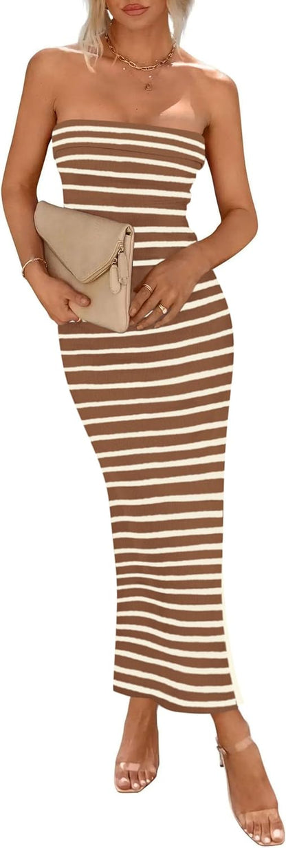 PRETTYGARDEN Women's Summer Bodycon Maxi Tube Dress Ribbed Strapless Side Slit Long Going Out Casual Elegant Party Dresses