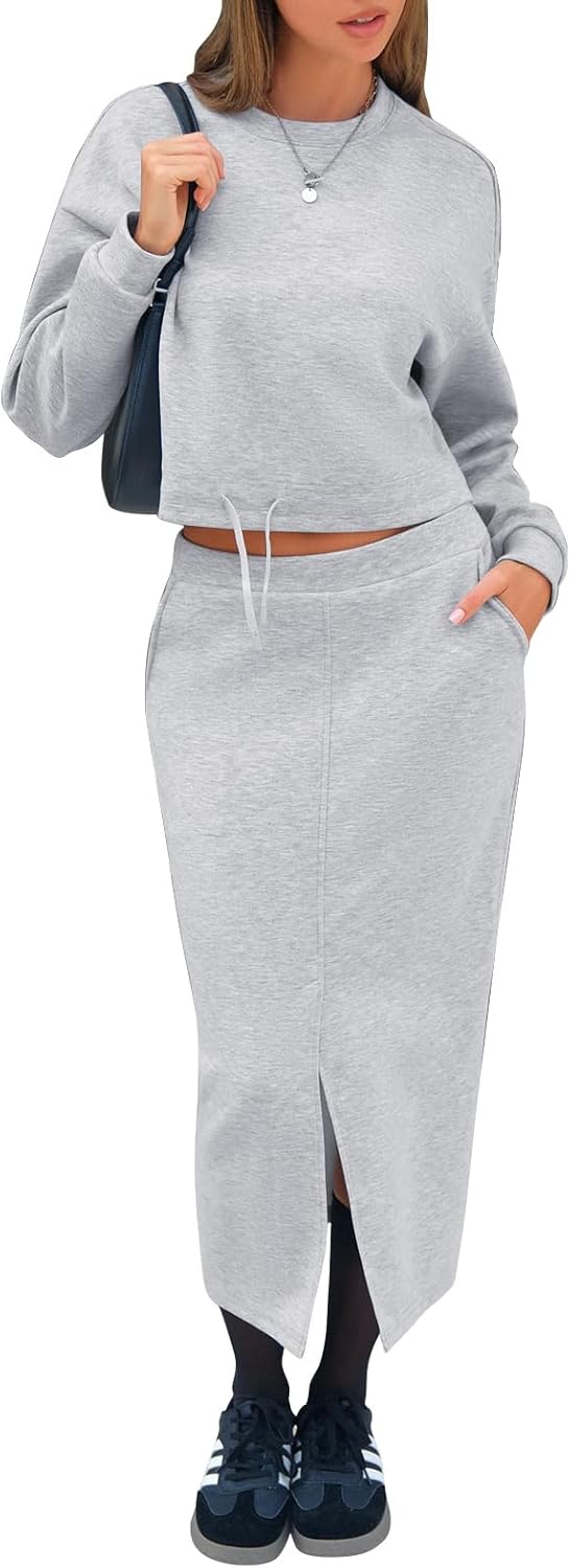 EXLURA Womens 2 Piece Skirts Set Fall Airport Drawstring Sweatshirts Midi Skirt Dress Lounge Sets Travel Outfits Winter 2025