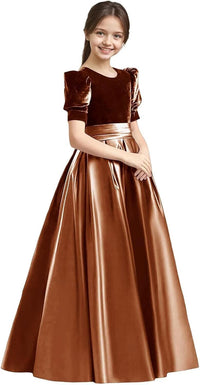 Velvet Flower Girl Dresses A-Line Pageant Princes Satin Ball Gowns with Bow Long Puffy Sleeve First Communion Dress