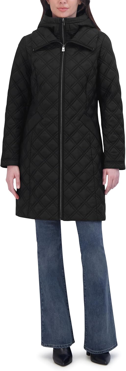 TAHARI Women's Quilted Jacket – Silky Taffeta, Water-Resistant, Attached Hooded Bib, Zip-Out Front, Fully Lined