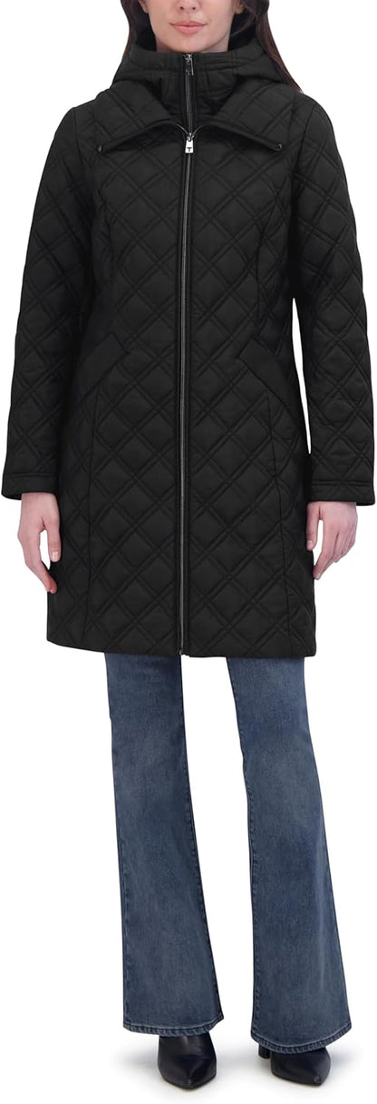 TAHARI Women's Quilted Jacket – Silky Taffeta, Water-Resistant, Attached Hooded Bib, Zip-Out Front, Fully Lined