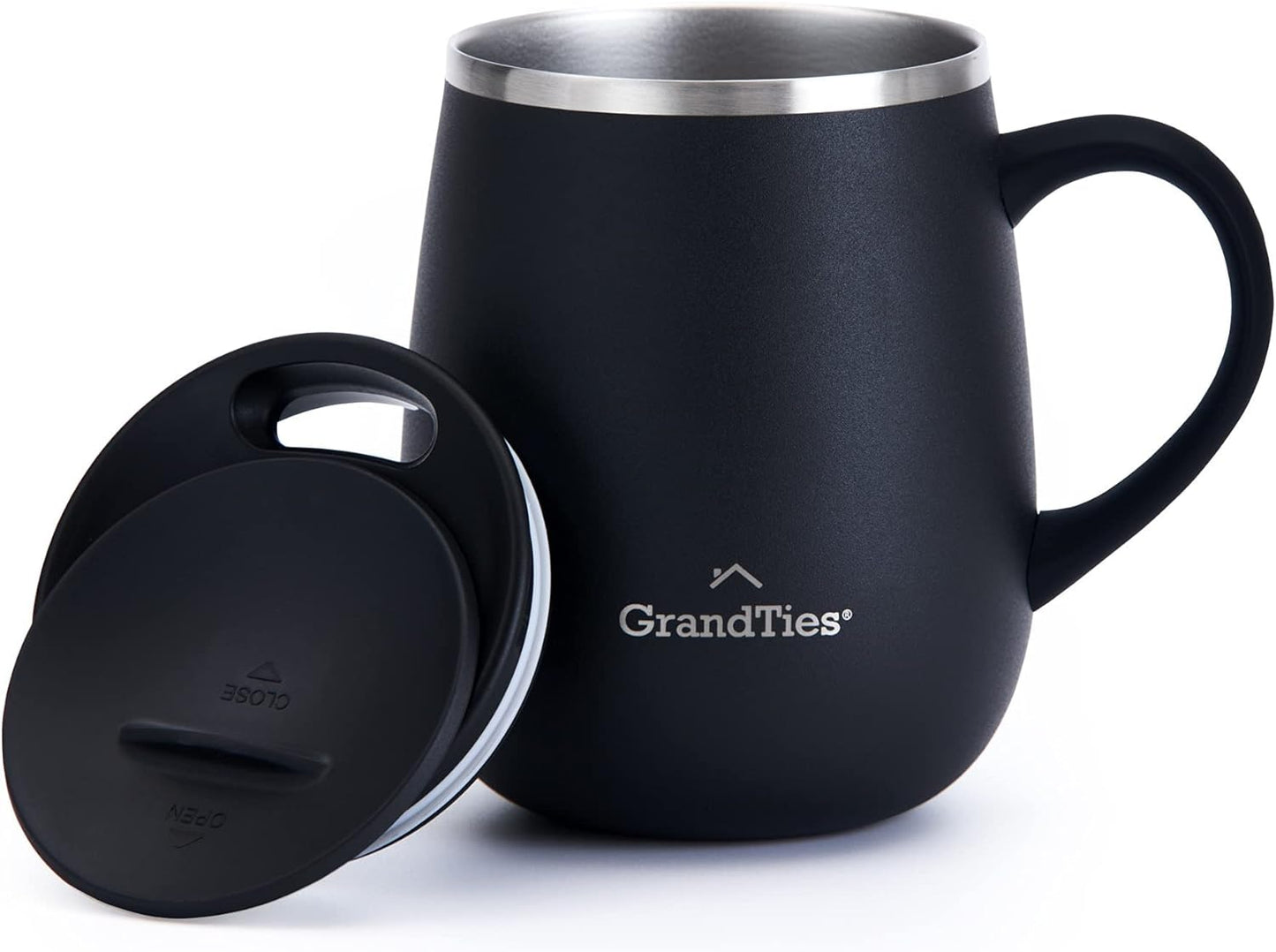 GRANDTIES Insulated Coffee Mug with Handle–Sliding Lid for Splash-Proof 16oz Wine-Glass Shape Thermal Tumbler with Double Walled Vacuum Stainless Steel to Keeps Beverages Hot or Cold-Cognac Metallic