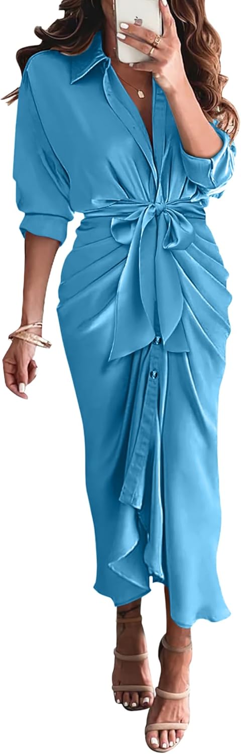 BTFBM Summer Dresses for Women 2025 Long Sleeve Lapel V Neck Button Down Elegant Belted Ruched Satin Shirt Fall Dress