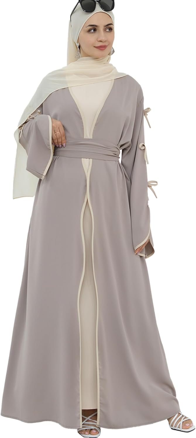 Elegant Flowy Muslim Cardigan Robe with Bow Accents Front Wave Design Abaya for Women Open Front Abaya with Belt