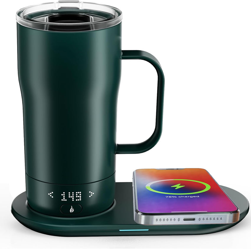 Smart Self Heating Coffee Mug 18 Oz Temperature Control Heated Coffee Mug App Controlled Warmer Mug 5-10 Hour LED Display Keep Coffee Hot All Day Fast Wireless Charger Base Jade Green