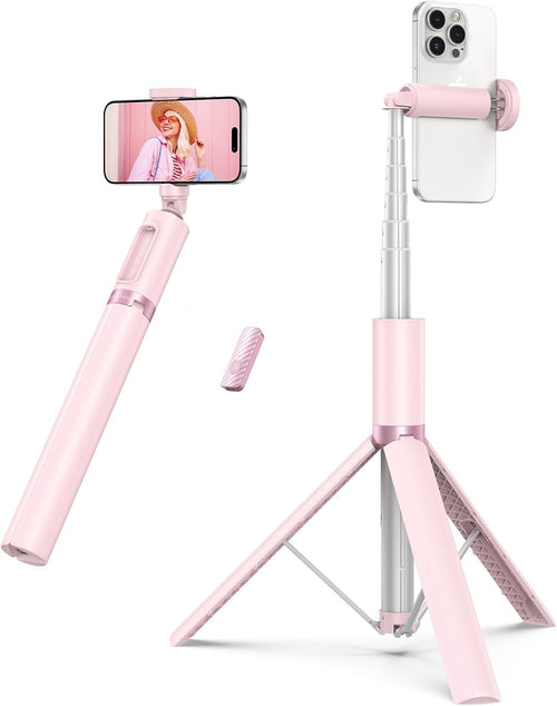 ATUMTEK 55" Selfie Stick Tripod, All-in-one Extendable Aluminum Phone Tripod with Rechargeable Bluetooth Remote for iPhone and More, Fitting 4.7-7 inch Smartphones, Pink