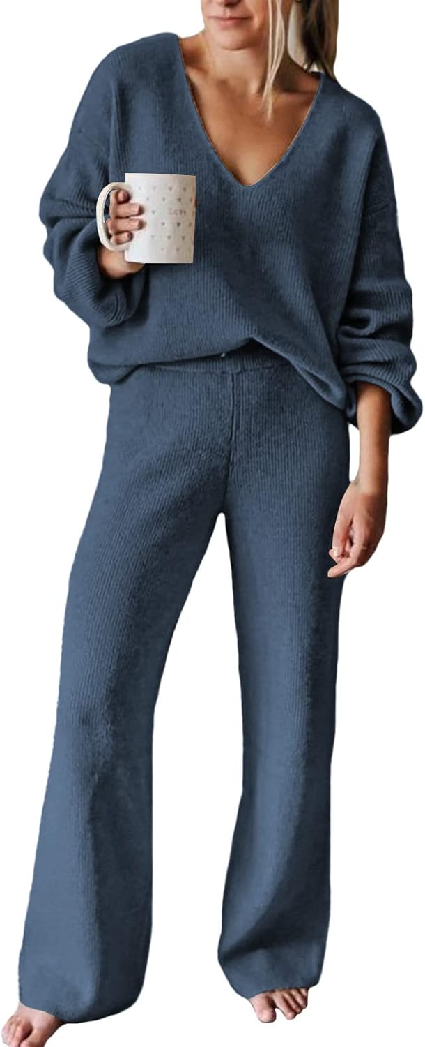 Viottiset Women's 2 Piece Outfits Casual V Neck Knit Wide Leg Sweater Lounge Set Sweatsuit