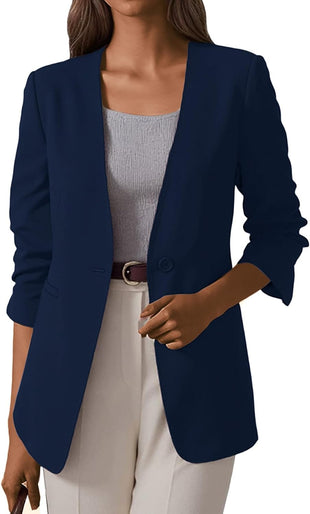 Mina Self 2025 Fall Women's Blazers Casual Lightweight Collarless V Neck One-Button Front Work Suit Jackets with Pockets