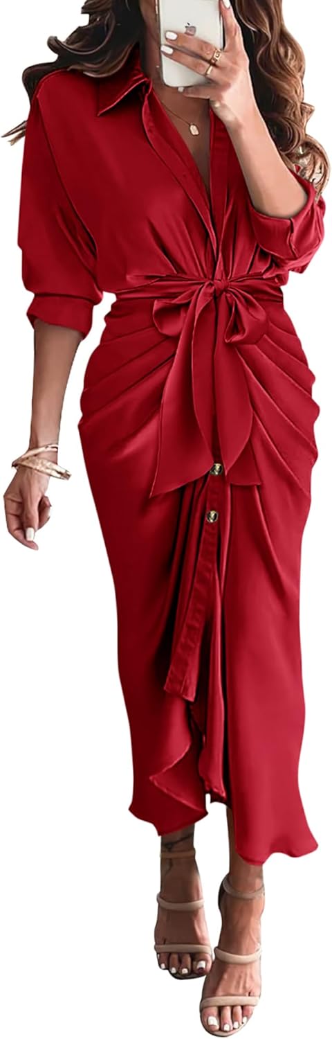 BTFBM Summer Dresses for Women 2025 Long Sleeve Lapel V Neck Button Down Elegant Belted Ruched Satin Shirt Fall Dress