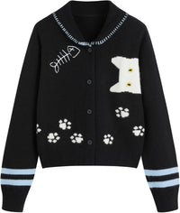 CIDER Cardigan Sweater for Women Knitted Long Sleeve Collared Cat Cute Pattern Button Down Crop Tops