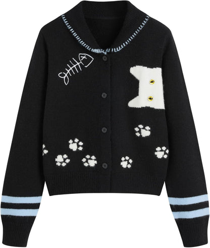 CIDER Cardigan Sweater for Women Knitted Long Sleeve Collared Cat Cute Pattern Button Down Crop Tops