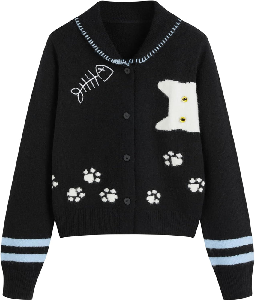 CIDER Cardigan Sweater for Women Knitted Long Sleeve Collared Cat Cute Pattern Button Down Crop Tops
