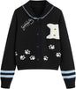 CIDER Cardigan Sweater for Women Knitted Long Sleeve Collared Cat Cute Pattern Button Down Crop Tops