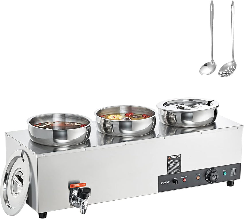 VEVOR Electric Soup Warmer, Dual 7.4QT Stainless Steel Round Pot 86~185°F Adjustable Temp, 1200W Commercial Bain Marie with Anti-Dry Burn and Reset Button, Soup Station for Restaurant, Buffet, Silver