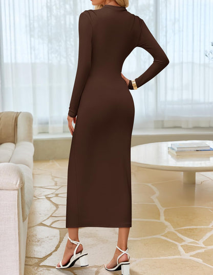 ZESICA Women's 2025 Fall Long Sleeve Bodycon Dress Mock Neck Wedding Guest Cocktail Party Long Midi Dresses