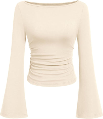 7DAY'S Women's Long Sleeve Shirts 2025 Fall Crop Going Out Tops Casual Boat Neck Bell Sleeve Ribbed Ruched Y2K Clothes