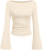 7DAY'S Women's Long Sleeve Shirts 2025 Fall Crop Going Out Tops Casual Boat Neck Bell Sleeve Ribbed Ruched Y2K Clothes