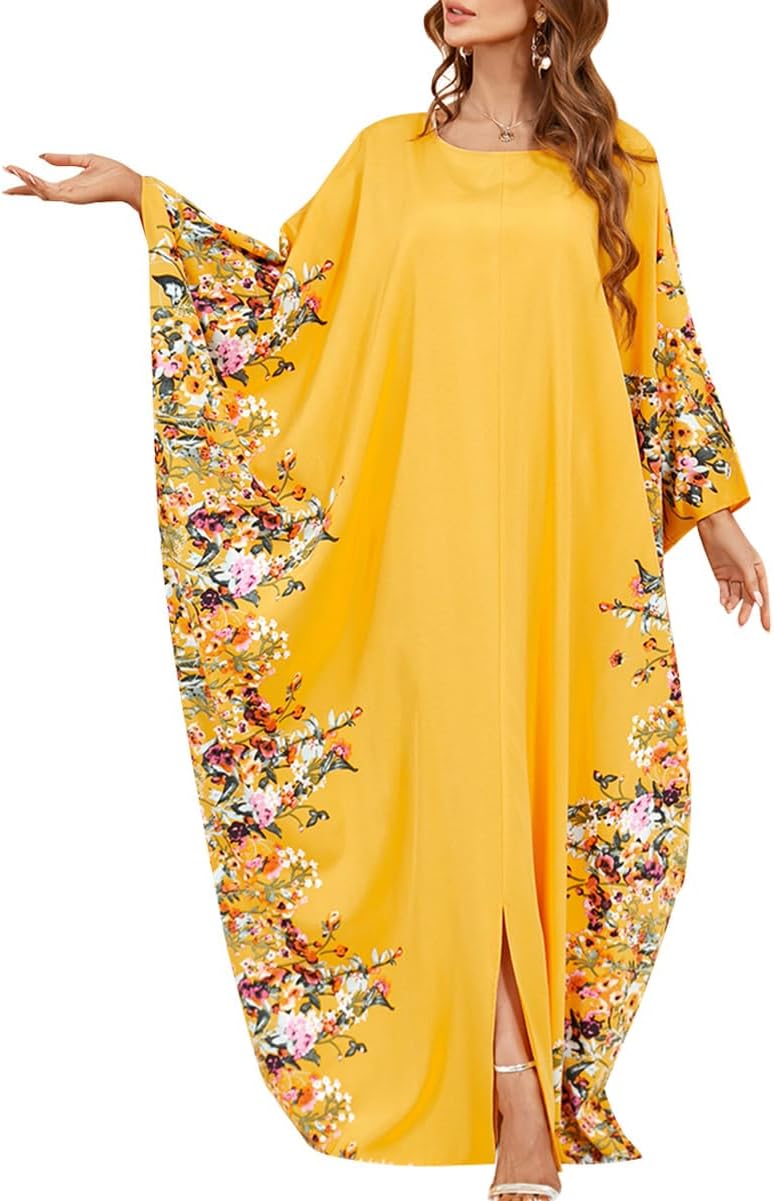 OBEEII Muslim Dress for Women Loose Batwing Sleeved Hooded Beaded Embroidery Long Abaya Dress Kaftan Abayas Islamic Robe
