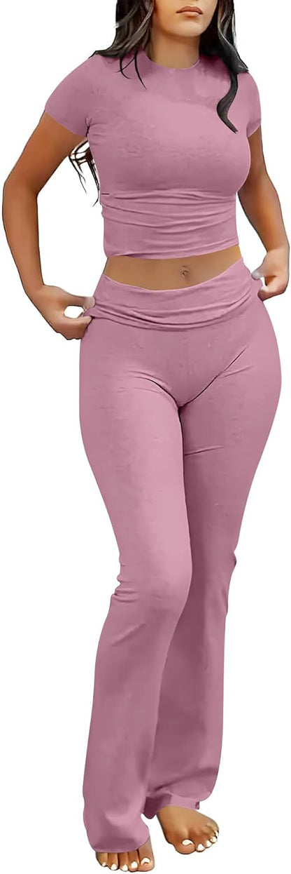 ANRABESS Lounge Sets for Women 2 Piece Foldover Yoga Flare Leggings Pants Crop Tops Casual Y2K Outfits Matching Tracksuit Set