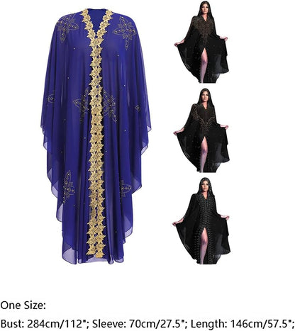 OBEEII Muslim Dress for Women Loose Batwing Sleeved Hooded Beaded Embroidery Long Abaya Dress Kaftan Abayas Islamic Robe