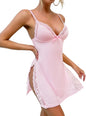 Sexy Split Side Floral Lace Trim Full Slip Night Gown Babydoll Lingerie Dress with Thong 2 piece