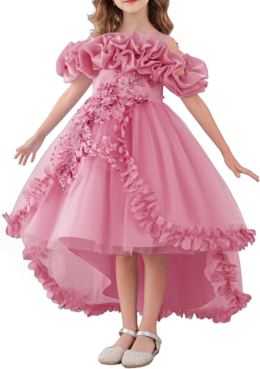 Girl's Princess Dress, Birthday Party, Pageant Gown - Ruffle Tulle Satin Princess Dresses with Kids Train