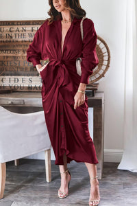 BTFBM Summer Dresses for Women 2025 Long Sleeve Lapel V Neck Button Down Elegant Belted Ruched Satin Shirt Fall Dress
