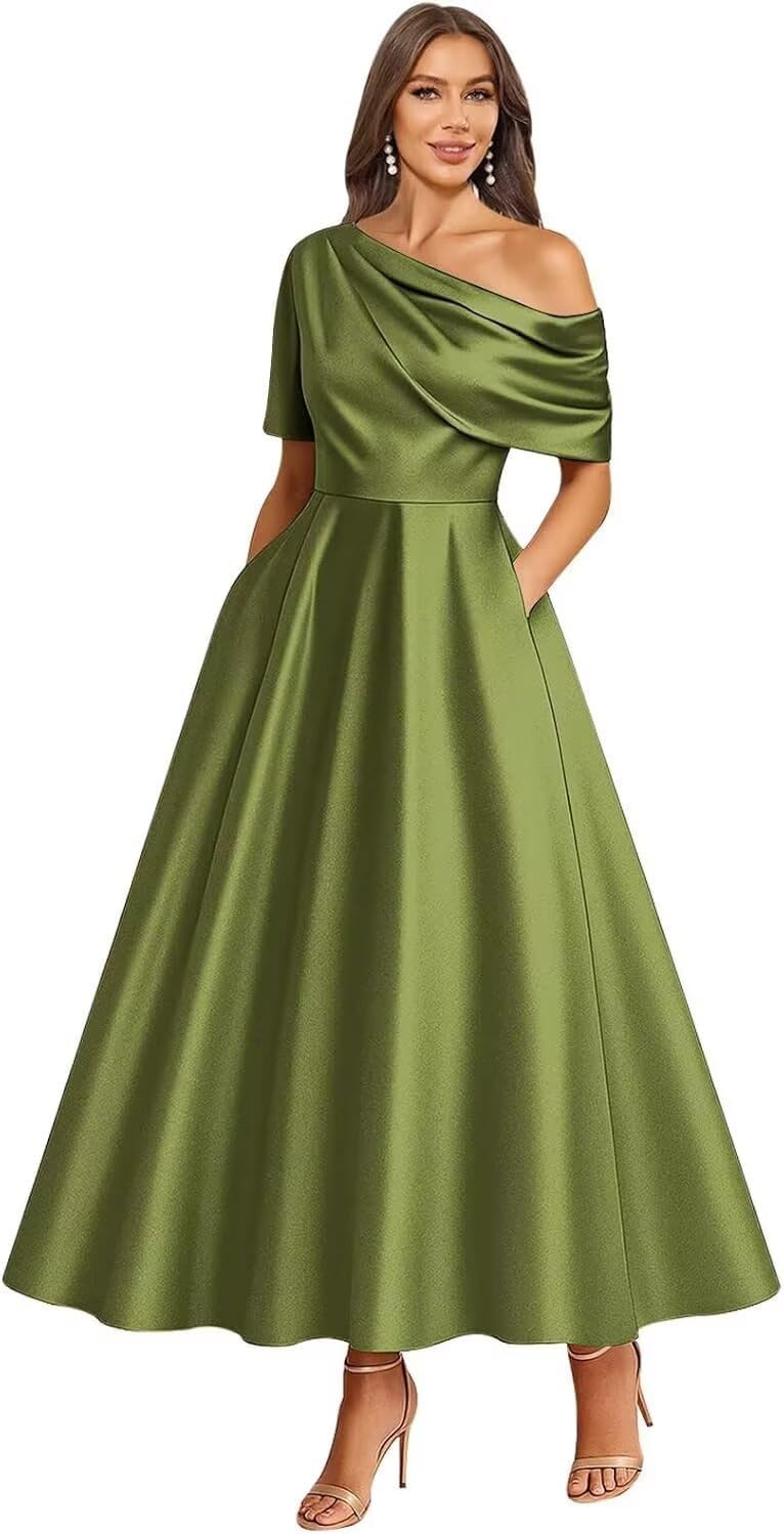 Tea Length Mother of Bride Dresses for Women Satin One Shoulder Wedding Guest Dress Formal Evening Party Gown with Pocket
