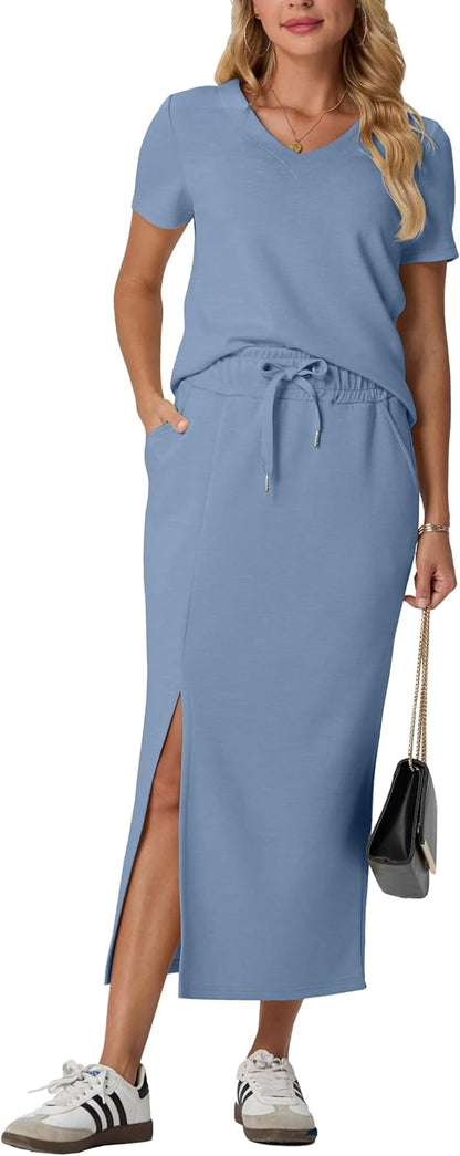 GRECERELLE Women Summer Casual 2 Piece Sets V-Neck Wrinkle-Free Top & Elastic Waist Midi Side Slit Skirt with Pockets(XS-3XL)