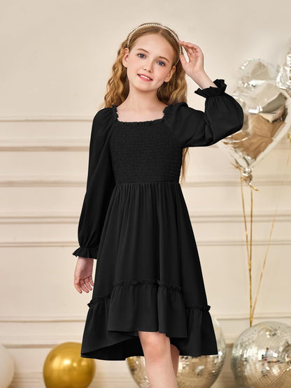 Haloumoning Girls Lantern Long Sleeve Dresses Kids Square Neck High Low Hem Smocked Fall Dress 5-14 Years