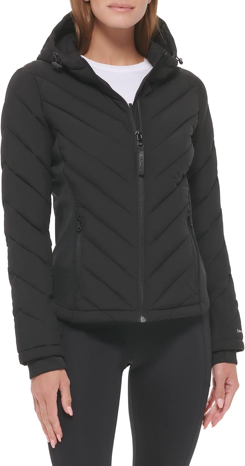 Calvin Klein Women's Scuba Side Panel and Sleeve Detail Adjustable Hood Zip Pocketspuffer