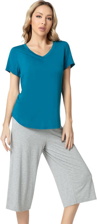 NACHILA Women’s Pajamas-Viscose Made from Bamboo, Short Sleeve Pjs Top with Capri Pajama Sets for Women Cool V Neck Sleepwear