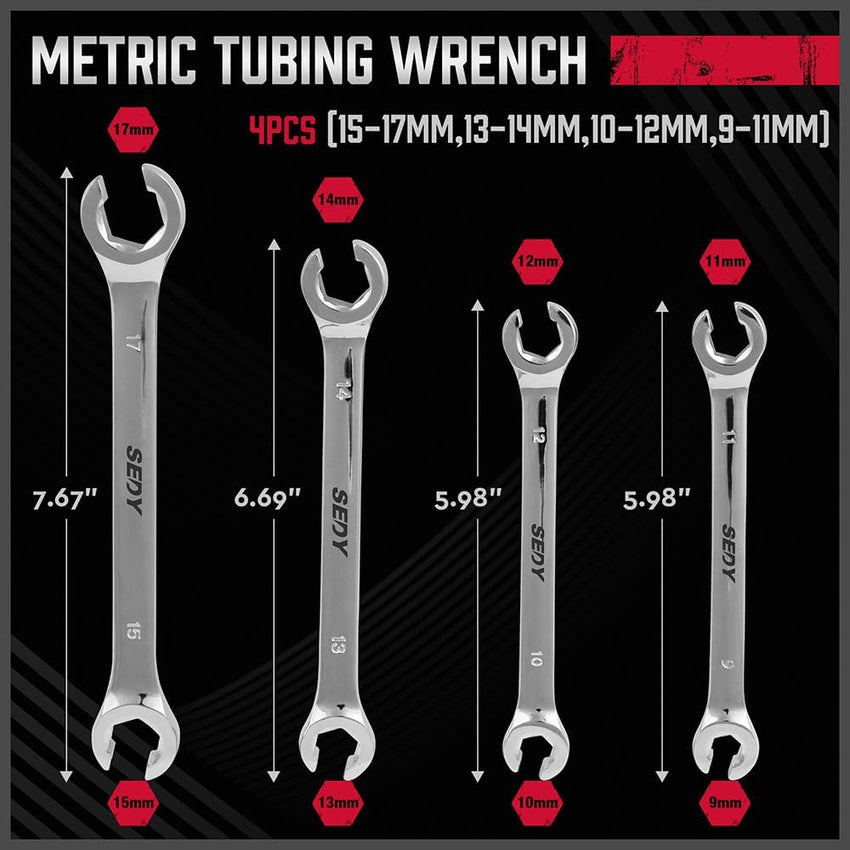 SEDY 4-Piece Flare Nut Wrench Set, Offset End Spanner Metric 9 10 11 12 13 14 15 17mm, CR-V Steel Storage Pouch Repair and Remove Nuts on Fuel Tube Hose Transmission Line