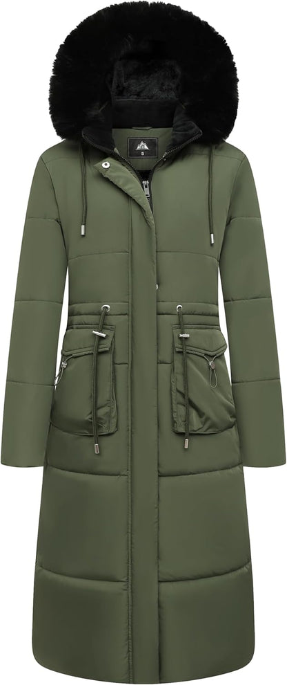 MOERDENG Women's Long Winter Puffer Coat Waterproof Warm Maxi Down Jacket Faux Fur Removable Hood Parka
