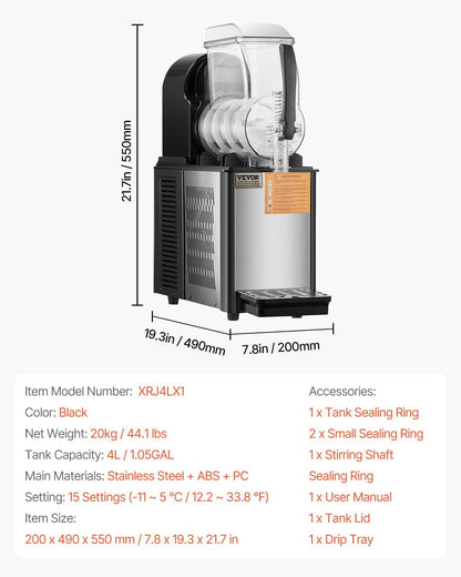 VEVOR Commercial Slushy Machine, 4L Single Tank Frozen Drink Machine, 16 Cups Stainless Steel Margarita Smoothie Frozen Drink Maker, Slushie Maker for Home Party Restaurants Cafe Bars