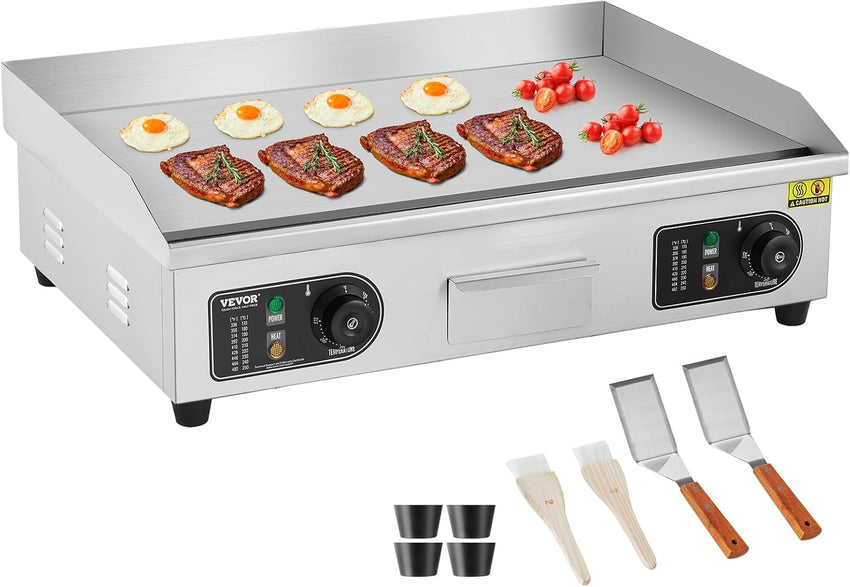 VEVOR Commercial Electric Griddle, 1600W Countertop Half-Flat Top Grill, 22in Stainless Steel Griddle Grill with 2 Shovels and 2 Brushes for Home or Restaurant, 122℉-572℉ Adjustable Temp