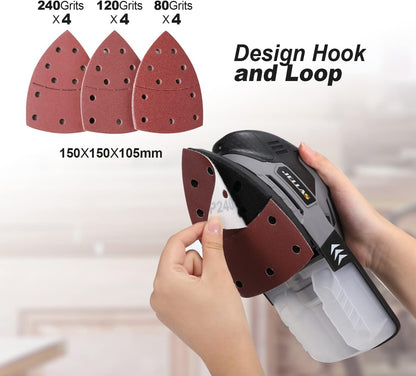 JELLAS Electric Detail Sander, 220W Compact Sander Machine for Wood, 13,000 RPM Sanders with Dust Collection, 16PCS Sandpapers, Finger Sanding Attachment and Sanding Pad Included, MS220T