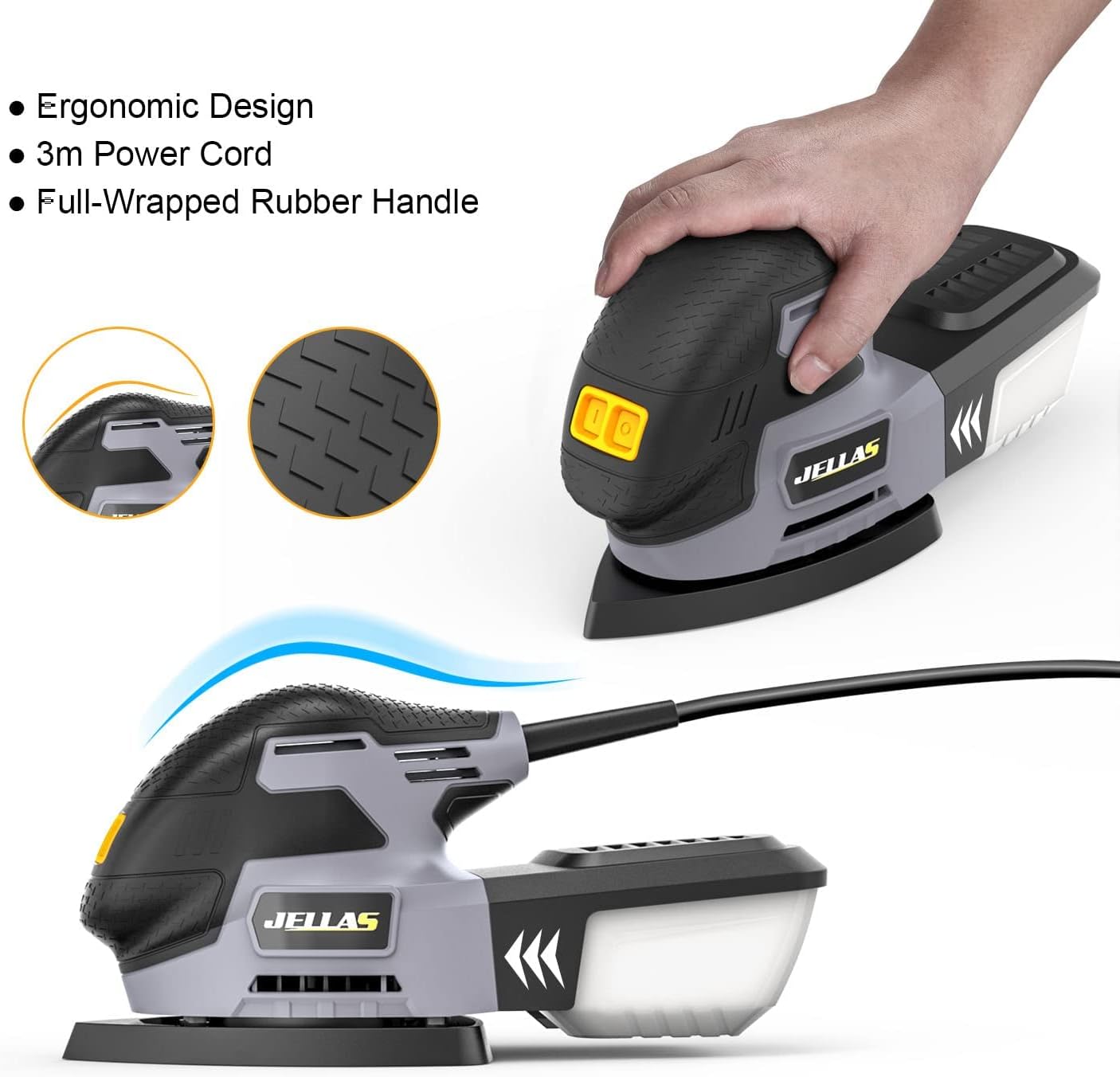 JELLAS Electric Detail Sander, 220W Compact Sander Machine for Wood, 13,000 RPM Sanders with Dust Collection, 16PCS Sandpapers, Finger Sanding Attachment and Sanding Pad Included, MS220T