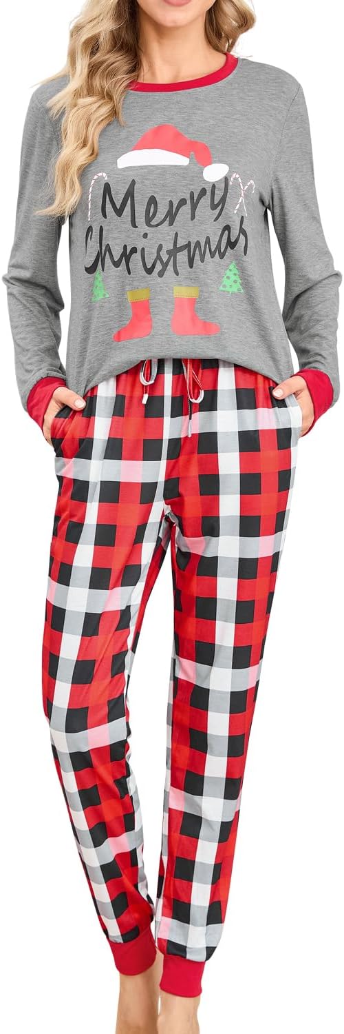 difficort Womens Christmas Pajamas Long Sleeve Pj Set Soft Plaid Pants Sleepwear with Pockets