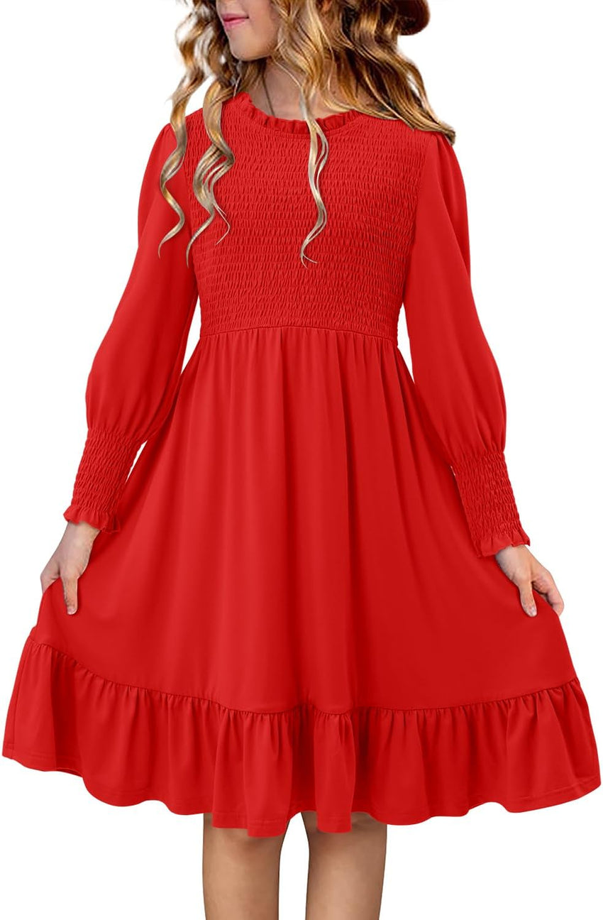 Yoklass Girls Smocked Dress Casual Puff Long Sleeve Ruffle Neck Dresses 4-13 Years