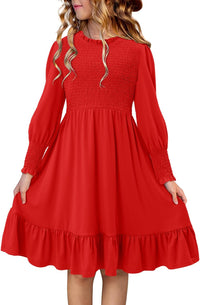 Yoklass Girls Smocked Dress Casual Puff Long Sleeve Ruffle Neck Dresses 4-13 Years
