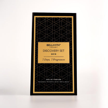BellaVita Luxury Discovery Set Mens Perfumes (7x8ml) | Mini Perfume Gift Set for Men with Bergamot, OUD & Patchouli Oriented | Compact Long-Lasting Oud Colognes for Men | Cruelty Free Fragrance