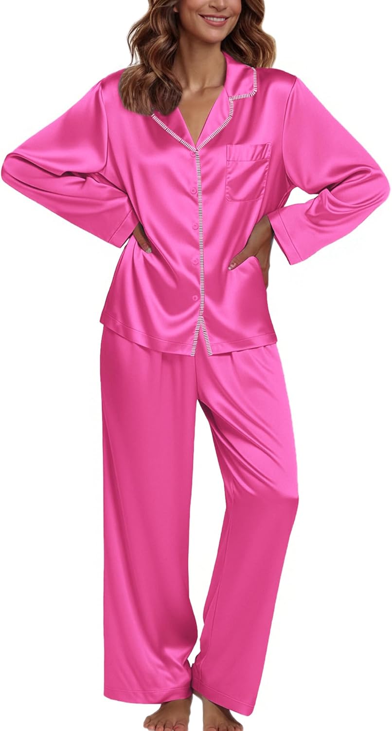 Ekouaer Pajamas For Women Set Silk Pjs 2 Piece Satin Sleepwear Long Sleeve Button Down Lounge Sets With Pant