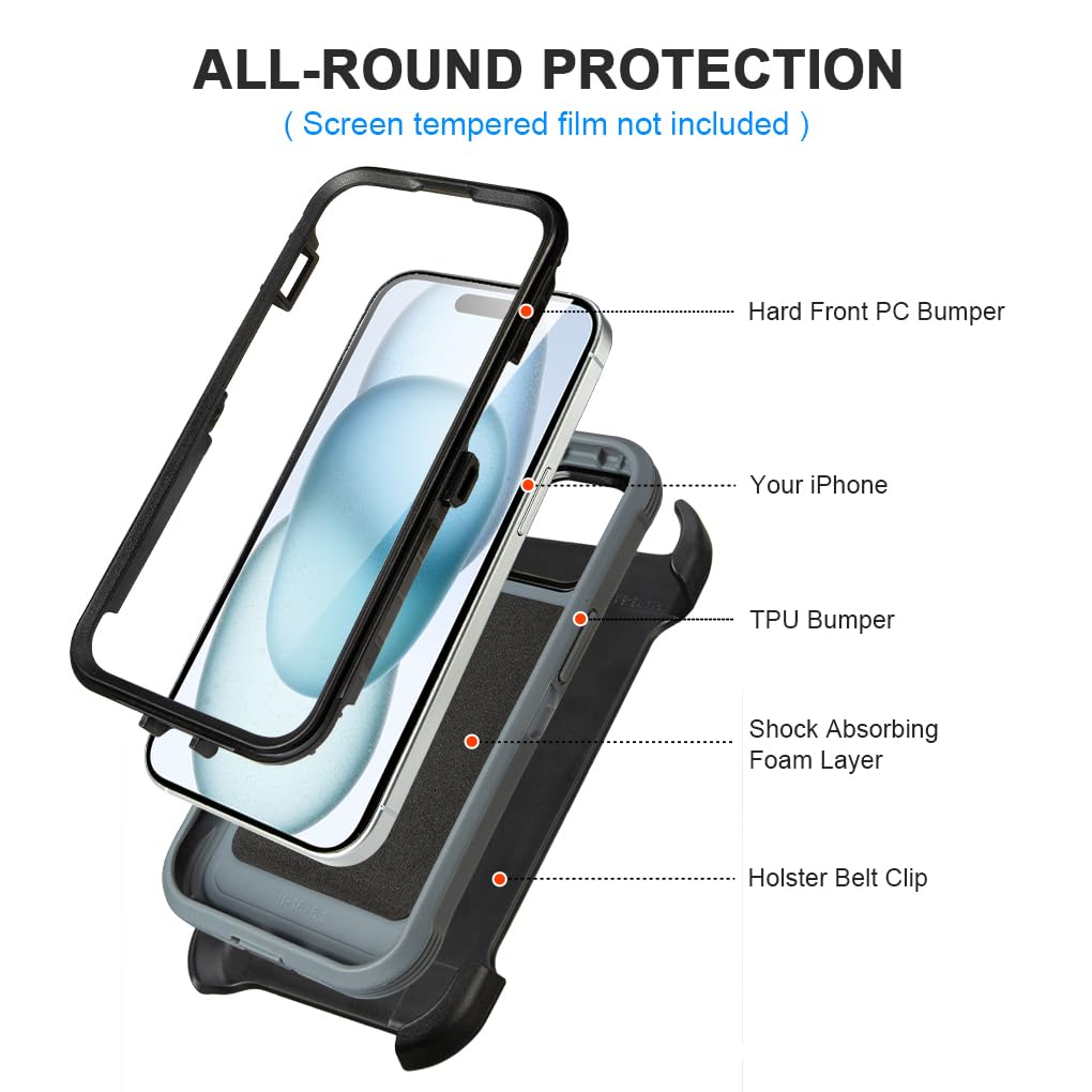 Shockproof Case for iPhone 16 Plus, Heavy Duty, Anti-Drop, 3 Layers, Grey with Belt Clip