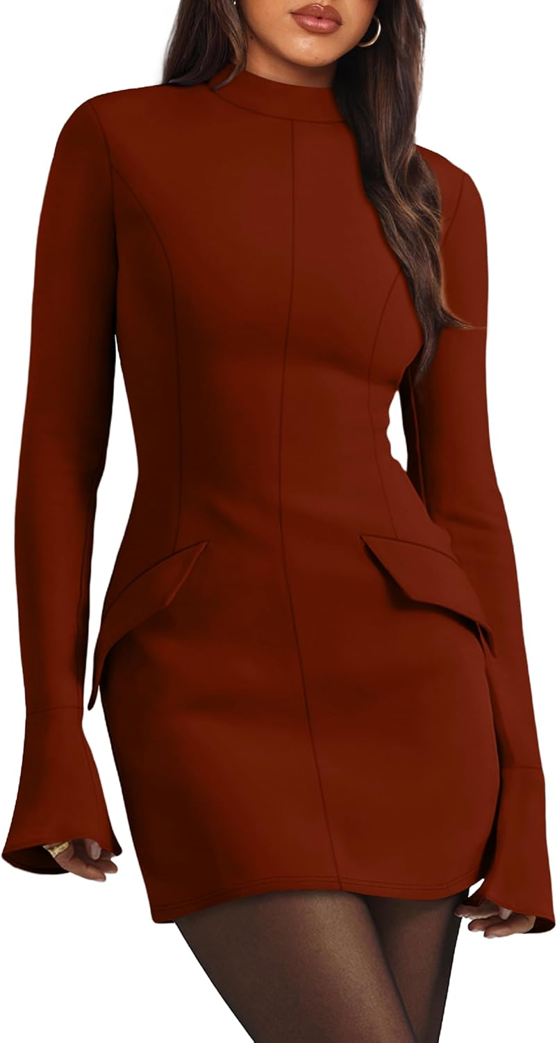 OFEEFAN Women's Fall Long Sleeve Mock Neck Dress Basic Party Club Bodycon Mini Dresses