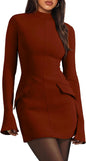 OFEEFAN Women's Fall Long Sleeve Mock Neck Dress Basic Party Club Bodycon Mini Dresses